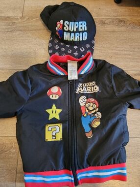 Super Mario unisex Kid's Bomber Jacket Sz S  w Snapback Hat Pre-owned Condition
